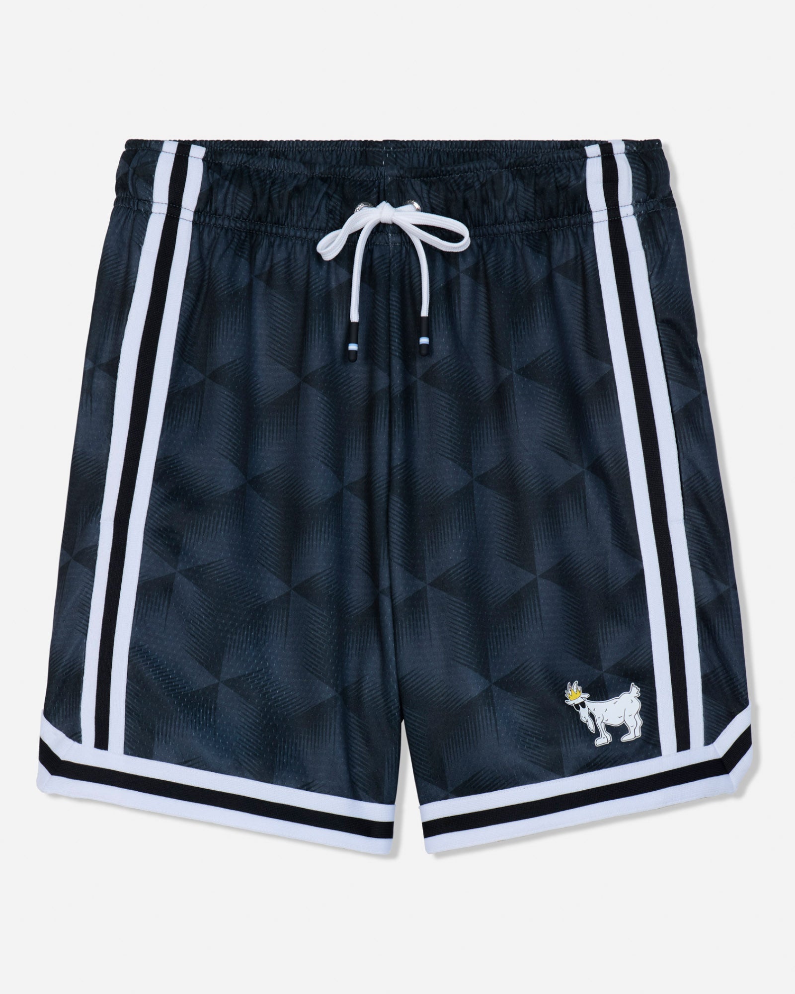 Black athletic shorts with a subtle geometric pattern, featuring white side stripes, a white drawstring, and a small white goat logo with a yellow flower on the lower left leg.#color_black