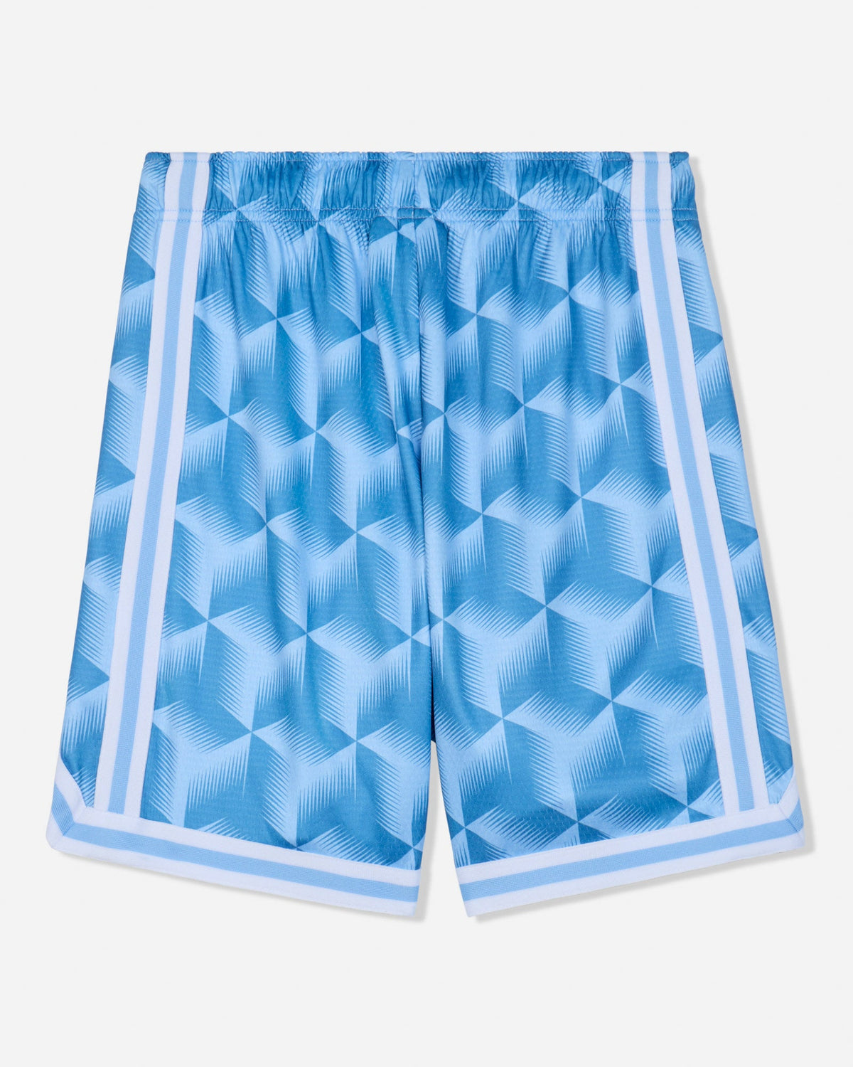 Light blue athletic shorts featuring a geometric 3D cube pattern and white side stripes, shown flat against a light gray background.