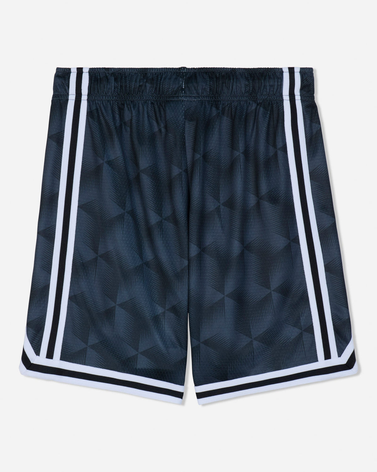 Black athletic shorts with a subtle geometric pattern, featuring white double stripes down the sides and white trim along the hem, shown against a light gray background.