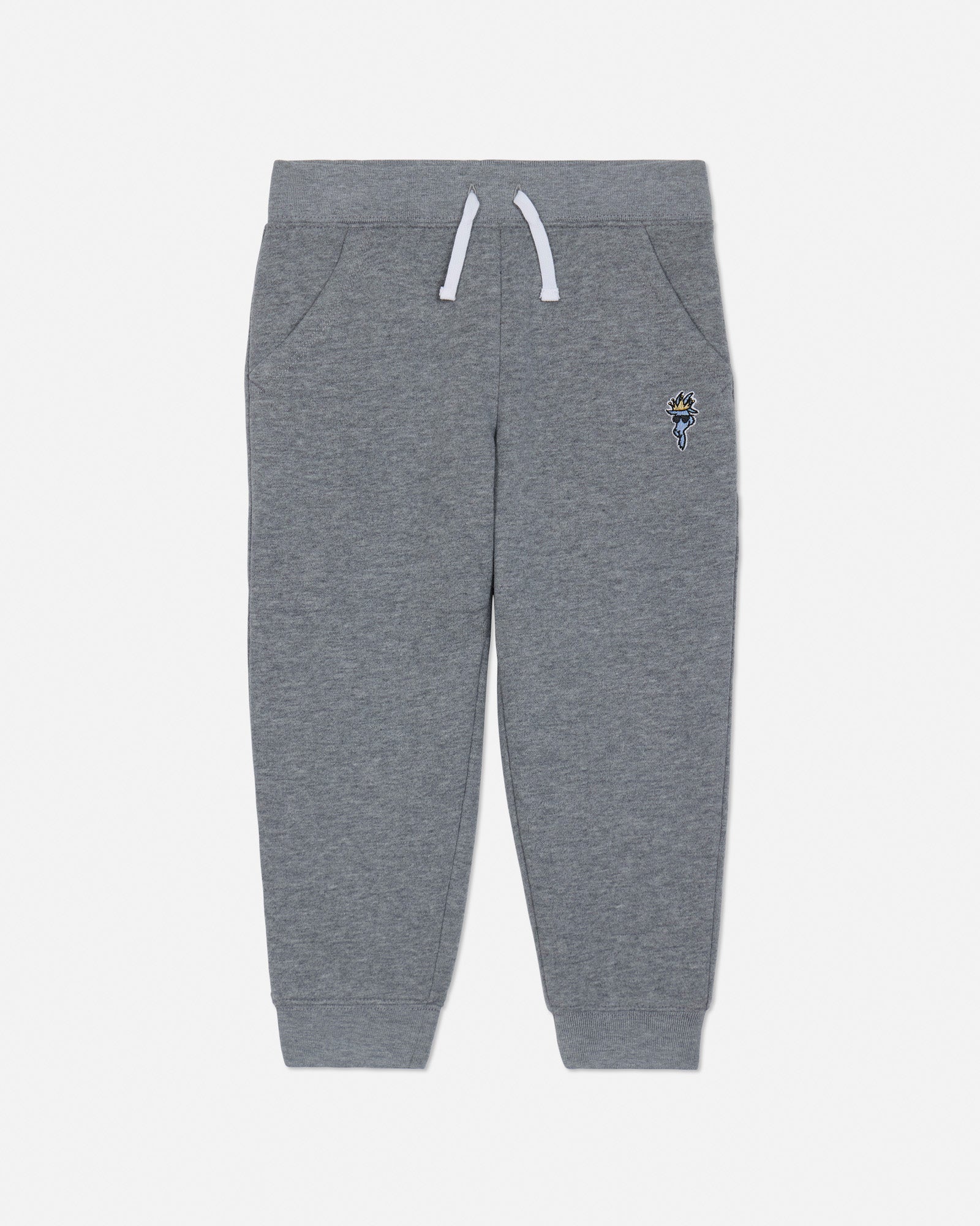 Gray sweatpants with a small embroidered design on a light gray background#color_gray