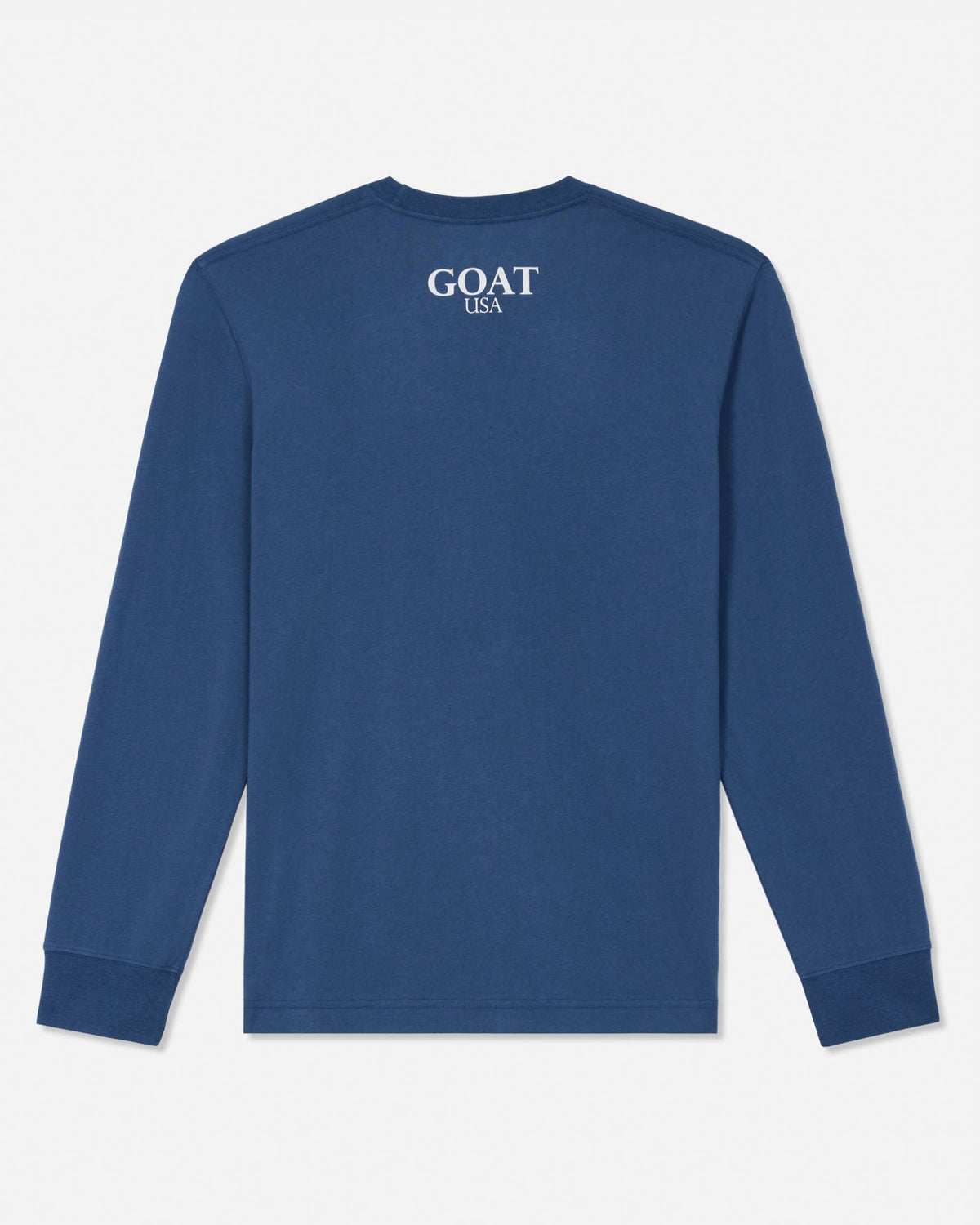 A blue long-sleeve crewneck shirt shown from the back, featuring the white 'GOAT USA' logo centered below the neckline, set against a clean white background.