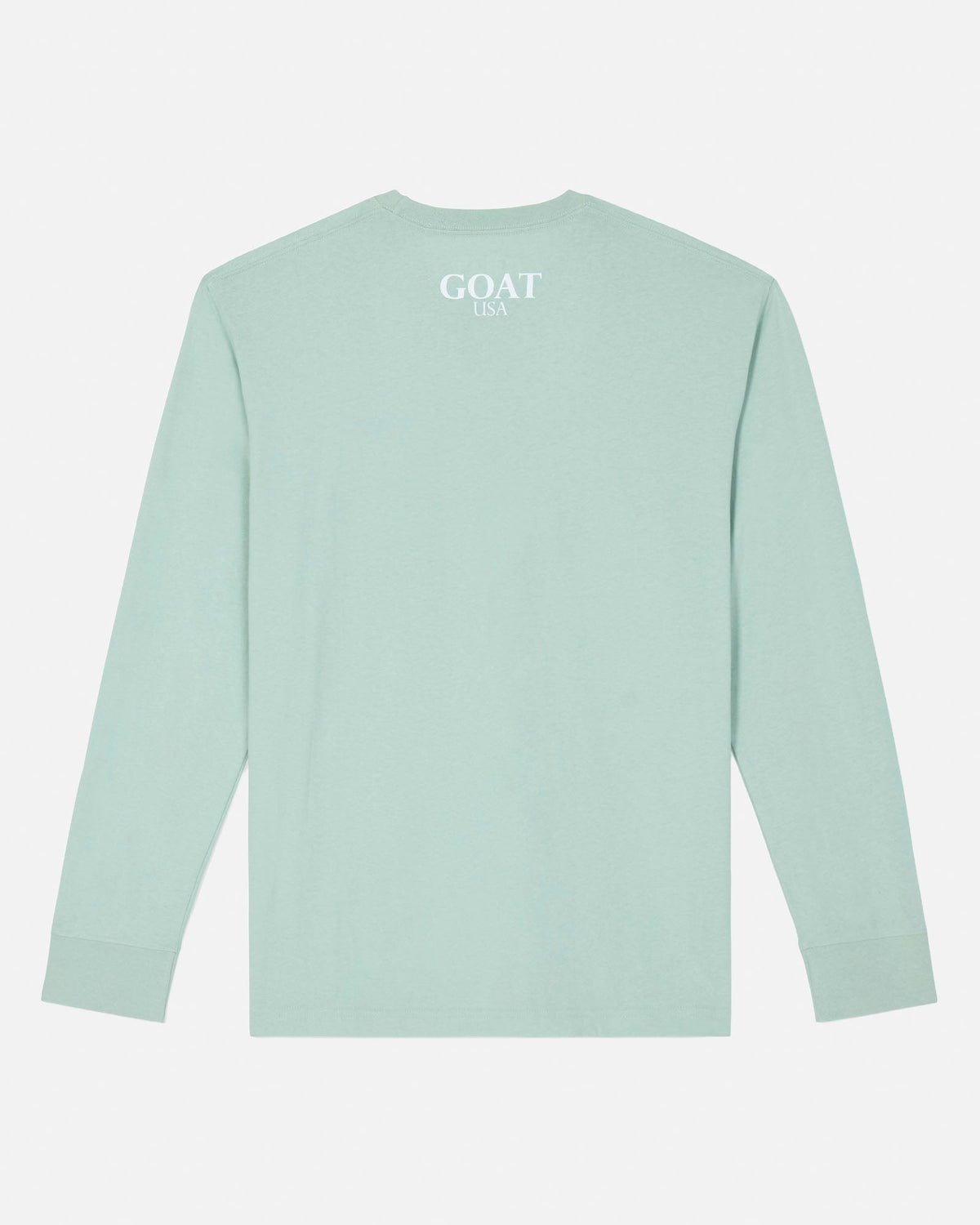 A light mint green long-sleeve t-shirt with 'GOAT USA' printed in white on the chest, displayed on a clean light gray background.
