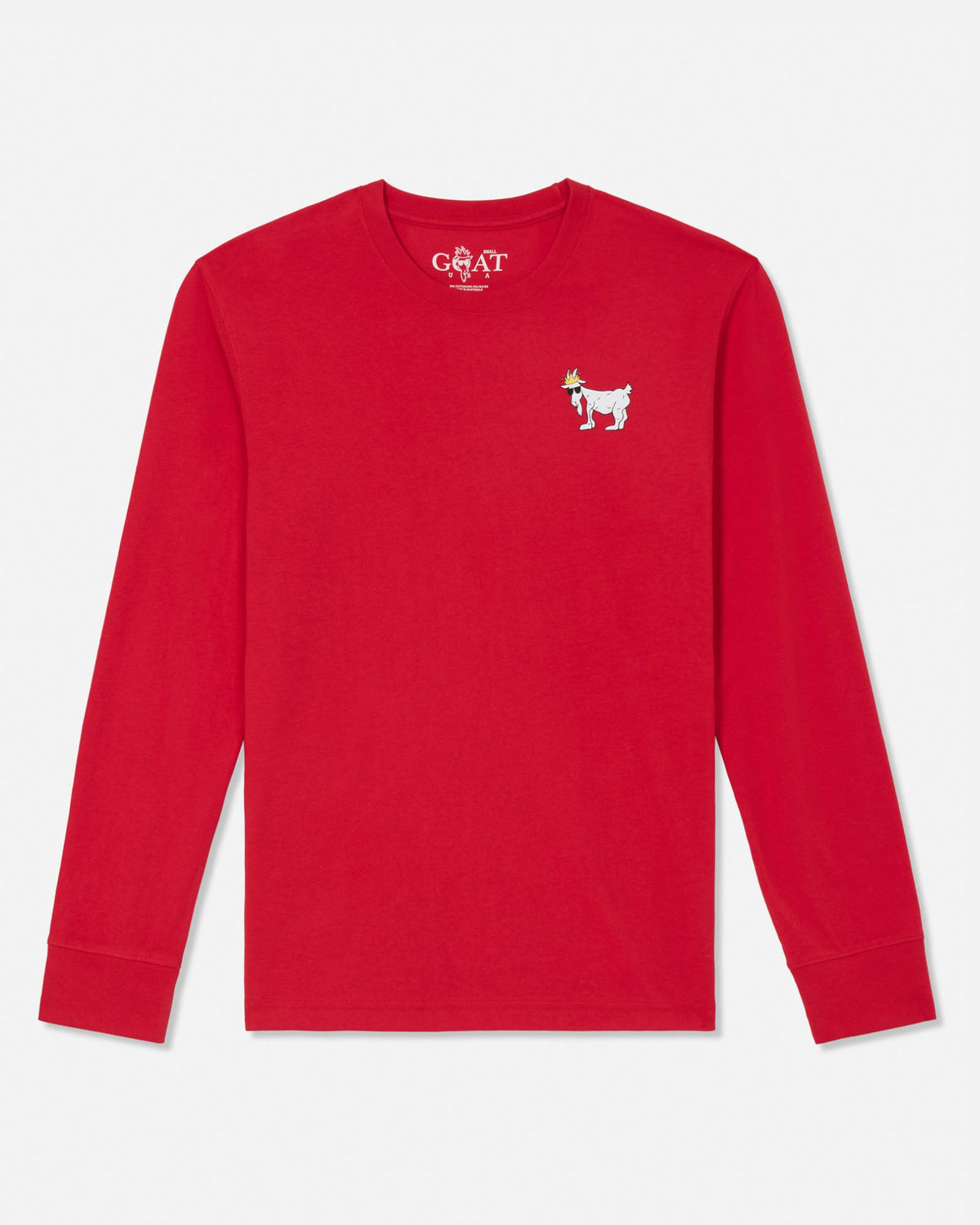 A red long-sleeve crewneck sweatshirt by Goat USA, featuring a small embroidered white goat wearing a gold crown on the left chest, displayed on a clean white background.