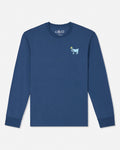 A blue long-sleeve crewneck sweatshirt by Goat, featuring a small light blue goat graphic with a yellow crown on the left chest, displayed on a clean white background.
