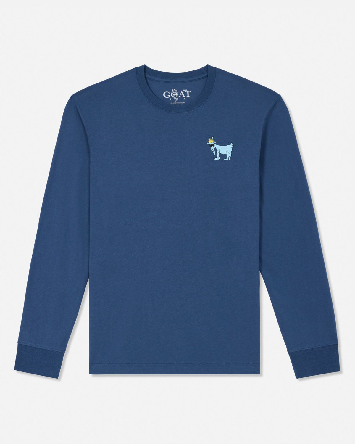 A blue long-sleeve crewneck sweatshirt by Goat, featuring a small light blue goat graphic with a yellow crown on the left chest, displayed on a clean white background.