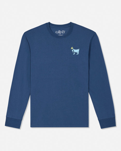A blue long-sleeve crewneck sweatshirt by Goat, featuring a small light blue goat graphic with a yellow crown on the left chest, displayed on a clean white background.