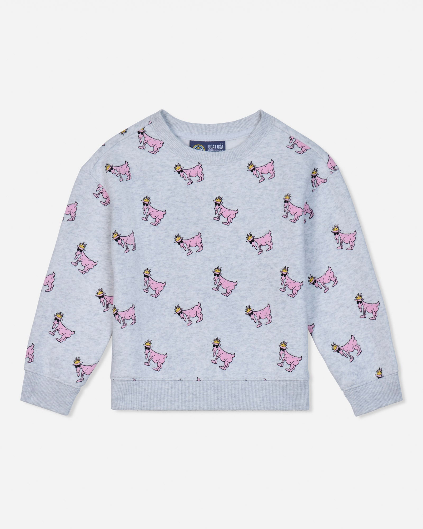 A light gray heather long-sleeve sweatshirt for kids, featuring an all-over print of pink princess dresses with small gold crowns, displayed on a clean off-white background.#color_pale-gray-heather