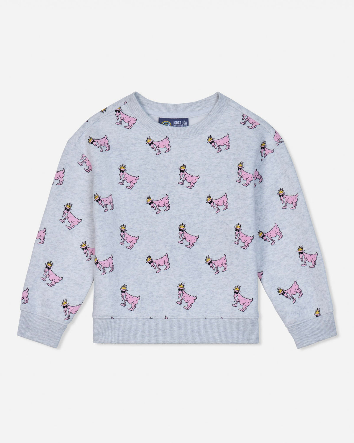 A light gray heather long-sleeve sweatshirt for kids, featuring an all-over print of pink princess dresses with small gold crowns, displayed on a clean off-white background.#color_pale-gray-heather