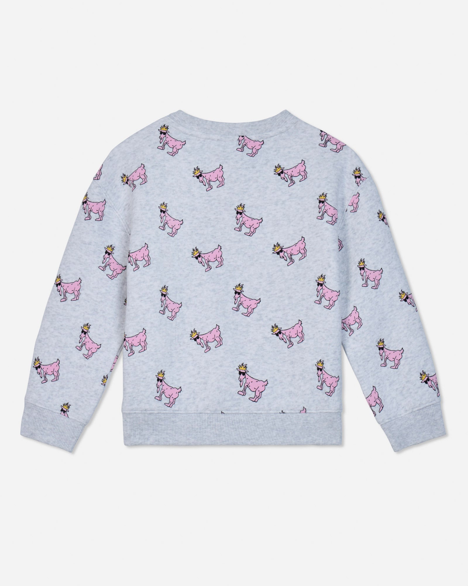 A light gray heather long-sleeve sweatshirt with an all-over print of pink cartoon goats wearing gold crowns, shown flat against a light gray background.#color_pale-gray-heather