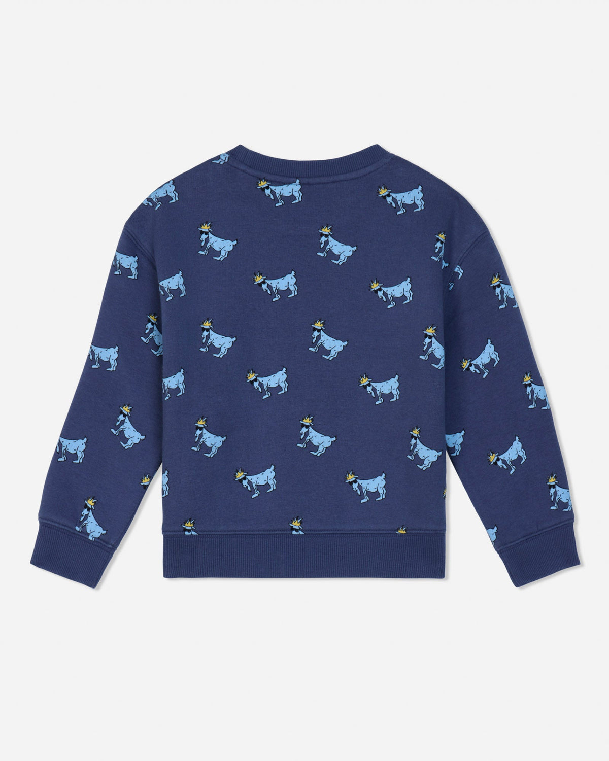 Back of navy crewneck with blue goats