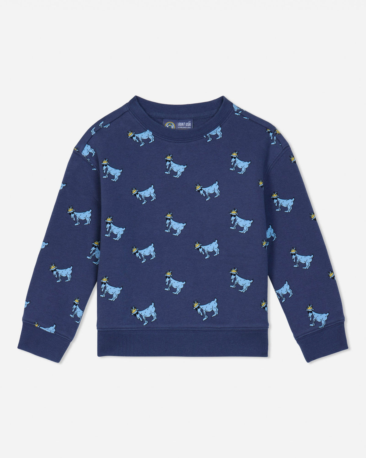 Navy crewneck with light blue goats#color_navy