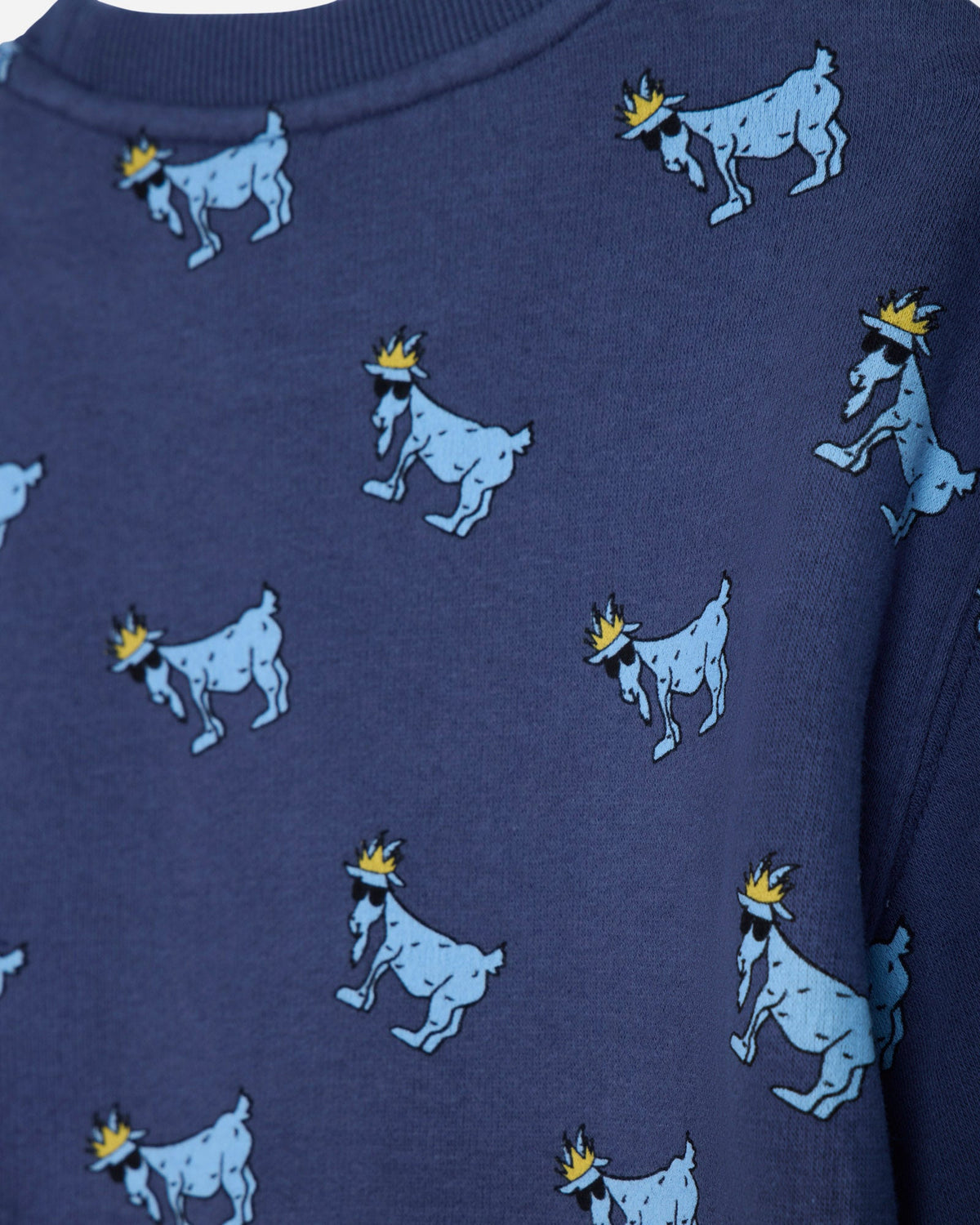 Close-up of navy crewneck with blue goats