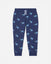 A pair of navy blue jogger pants featuring an all-over print of cartoon cows in light blue and yellow, with a white drawstring at the elastic waistband.#color_navy