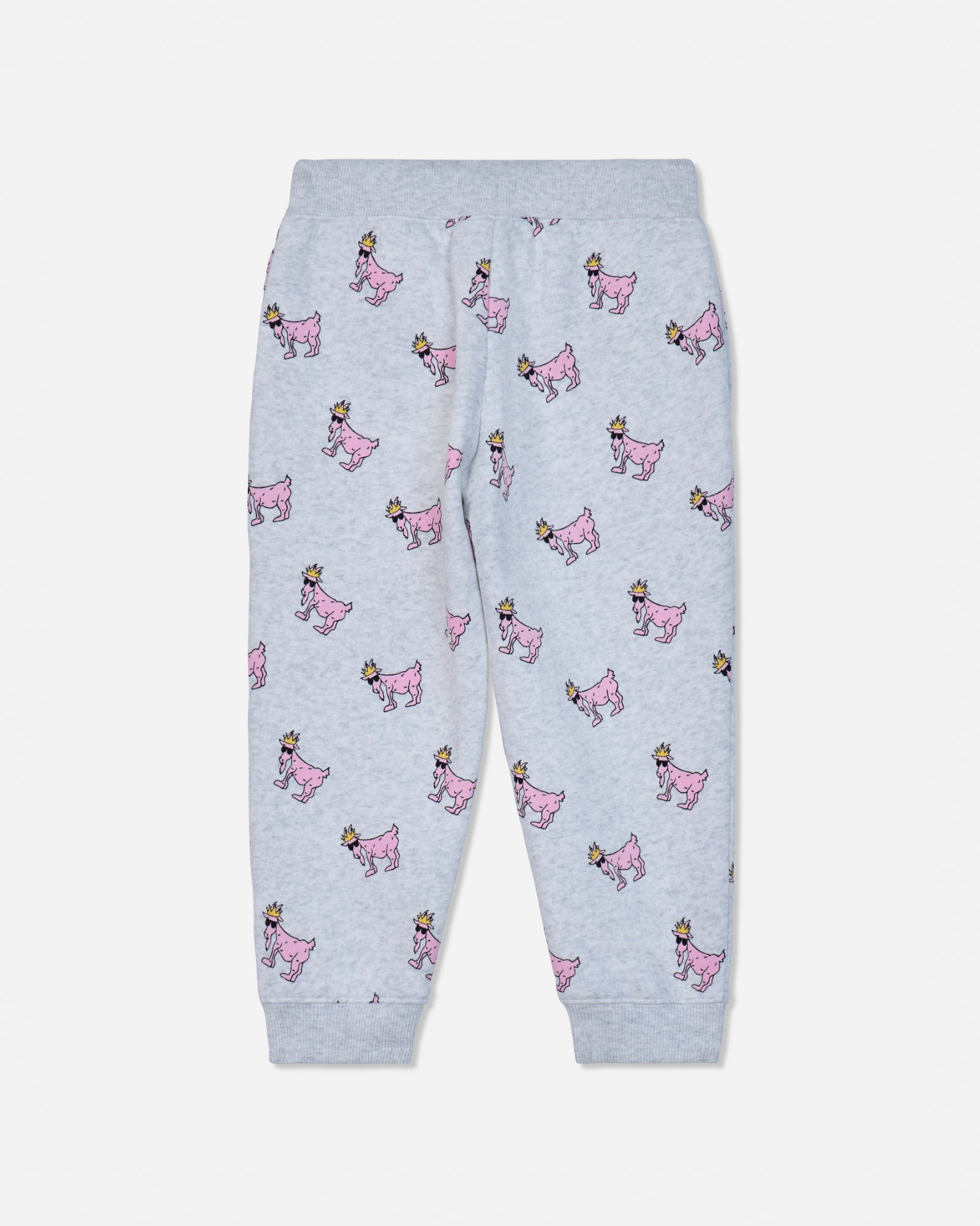 Light heather gray jogger pants with an all-over pink dog print, featuring an elastic waistband and ribbed ankle cuffs.#color_pale-gray-heather