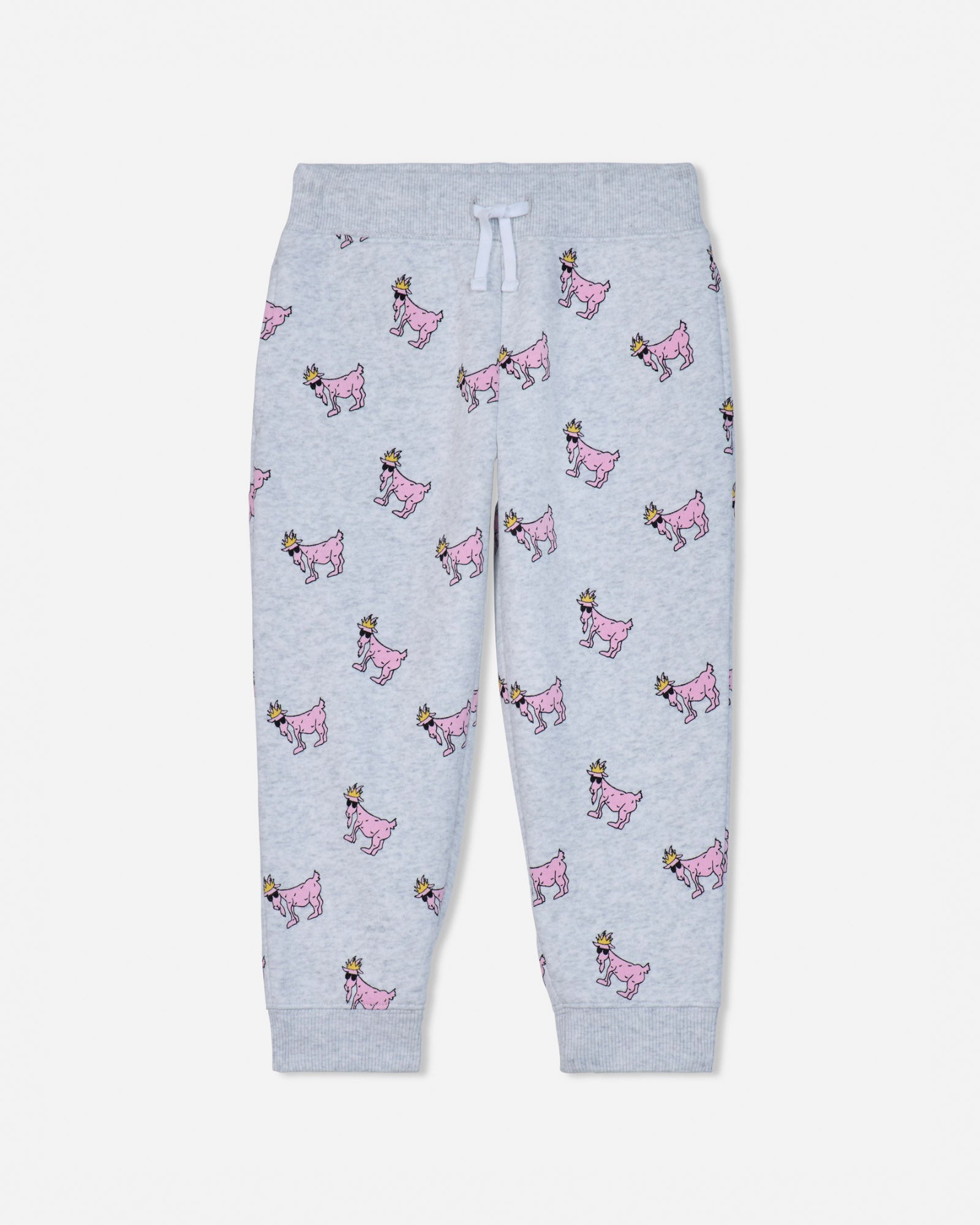 Light gray heather jogger pants with an all-over print of pink dogs wearing gold crowns, featuring a white drawstring waistband.#color_pale-gray-heather