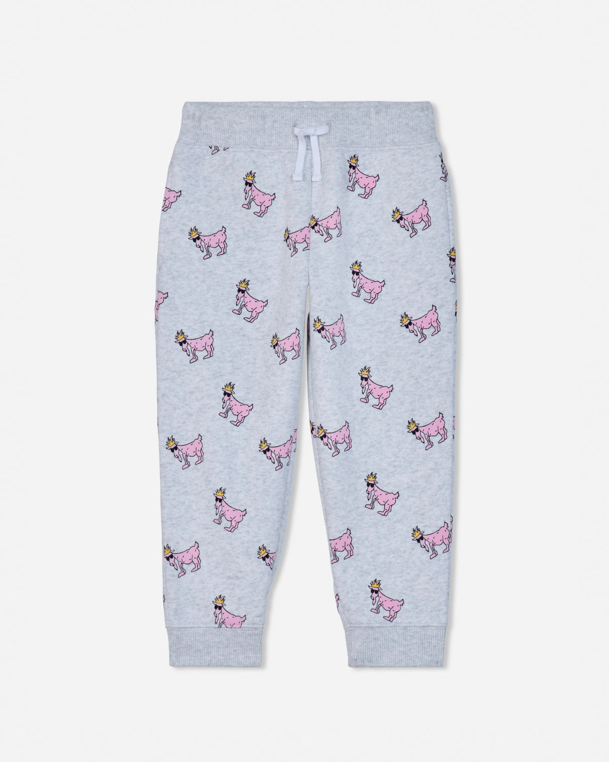 Light gray heather jogger pants with an all-over print of pink dogs wearing gold crowns, featuring a white drawstring waistband.#color_pale-gray-heather