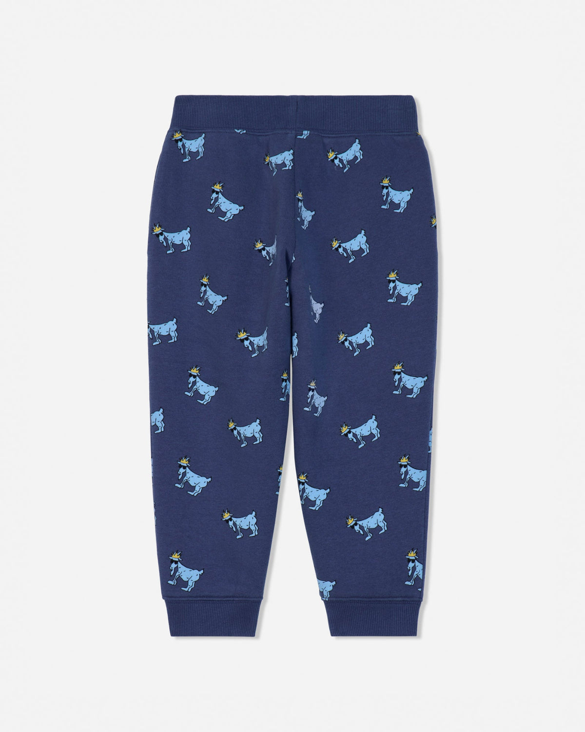 Back of navy sweatpants with blue goats