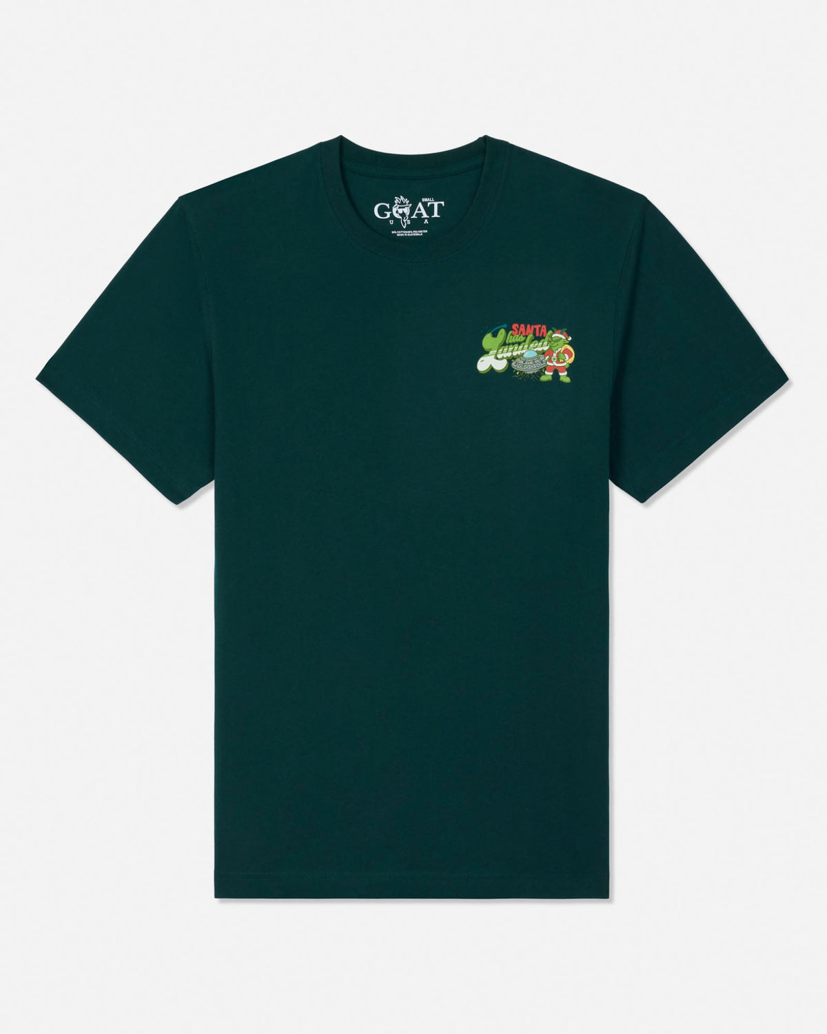 A dark green short-sleeve t-shirt with a small colorful graphic on the left chest and a white 'GOAT USA' brand logo printed inside the collar, displayed on a clean white background.