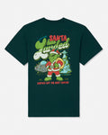 A dark green short-sleeve t-shirt with a colorful graphic on the front featuring a cartoon alien goat dressed as Santa Claus, with the text 'Santa has Landed' and 'Earth's Got the Best Grinchies'.