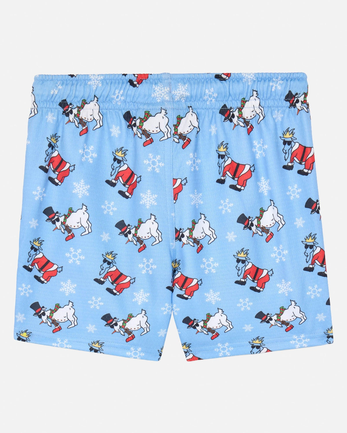 Light blue boxer briefs featuring a repeating pattern of cartoon snowman goats in red and white outfits, with white snowflake motifs throughout.