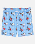 Light blue boys' shorts featuring an all-over print of cartoon Santa Claus goats wearing red and white outfits, with white snowflakes and a white drawstring waist.