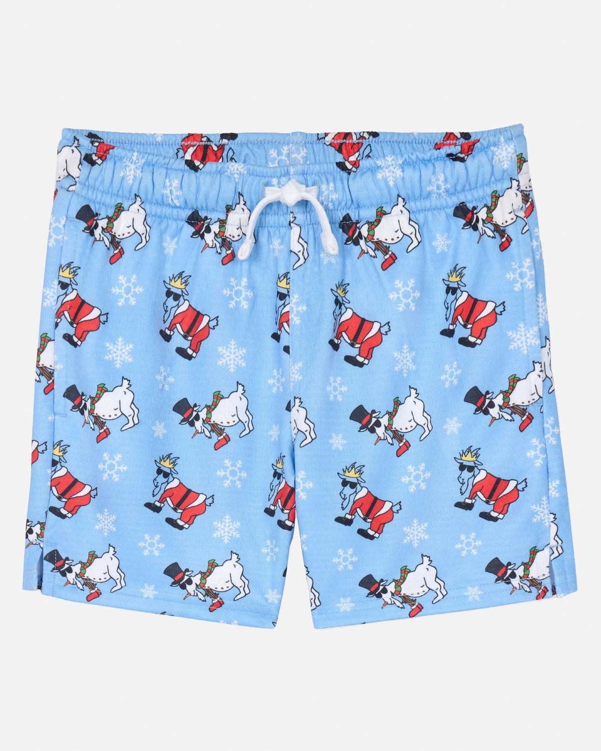 Light blue boys' shorts featuring an all-over print of cartoon Santa Claus goats wearing red and white outfits, with white snowflakes and a white drawstring waist.