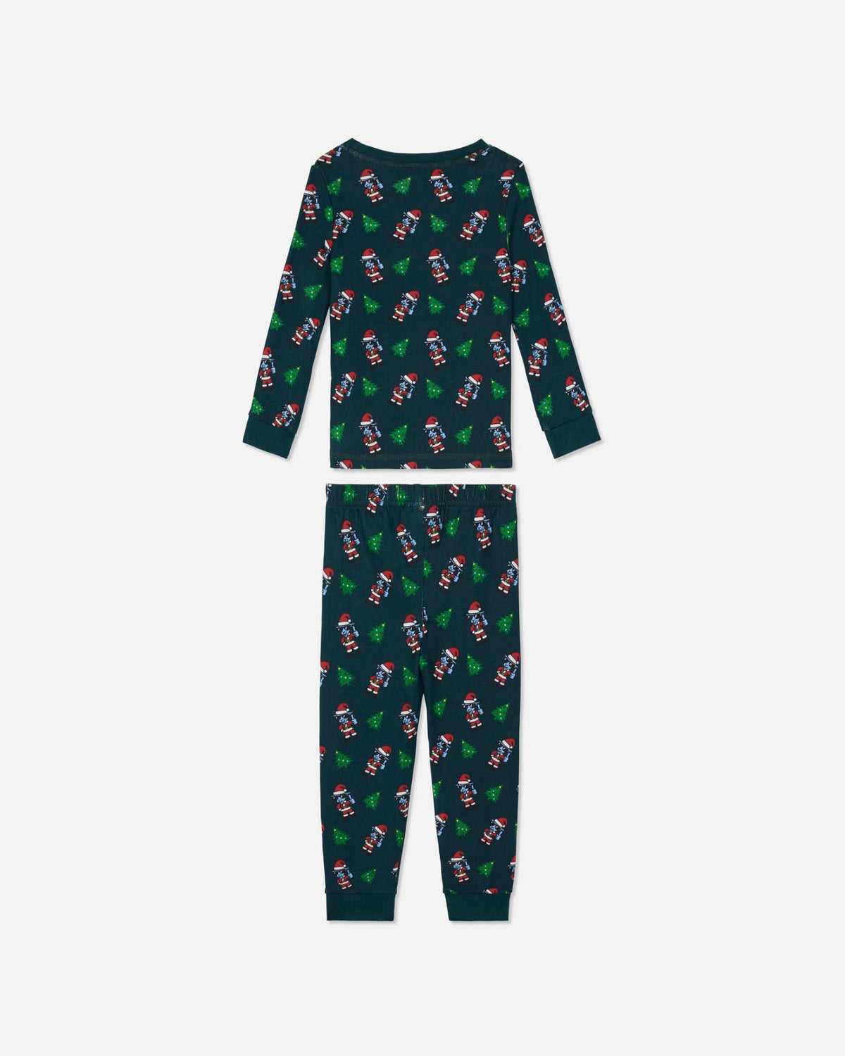 A two-piece children's pajama set featuring a long-sleeve top and matching pants in a dark teal green color, both covered in a repeating pattern of Santa Claus and Christmas trees.