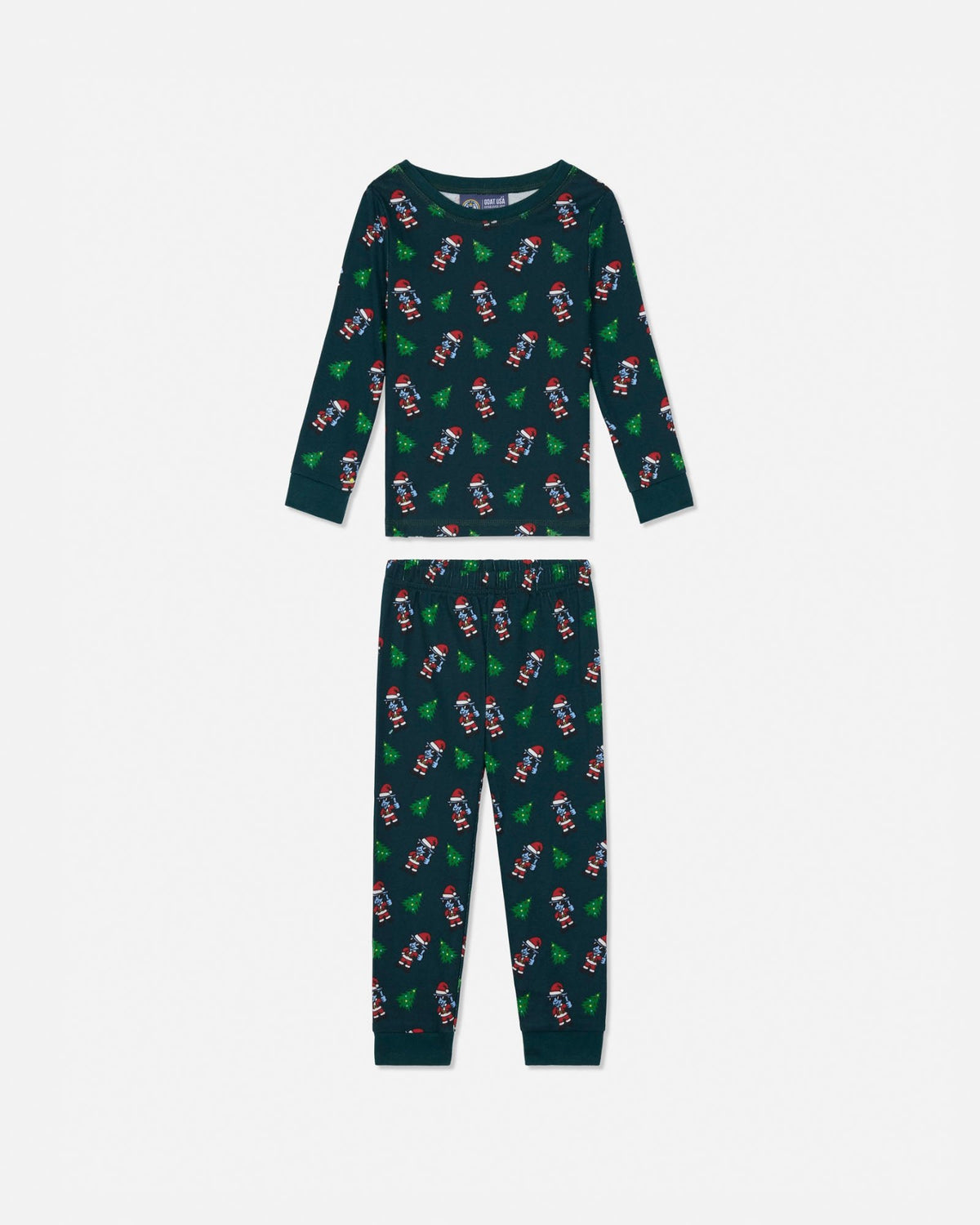 A two-piece children's pajama set featuring a long-sleeve top and matching pants in dark teal green with an all-over festive print of Santa Claus, Christmas trees, and snowflakes, displayed flat against a light gray background.