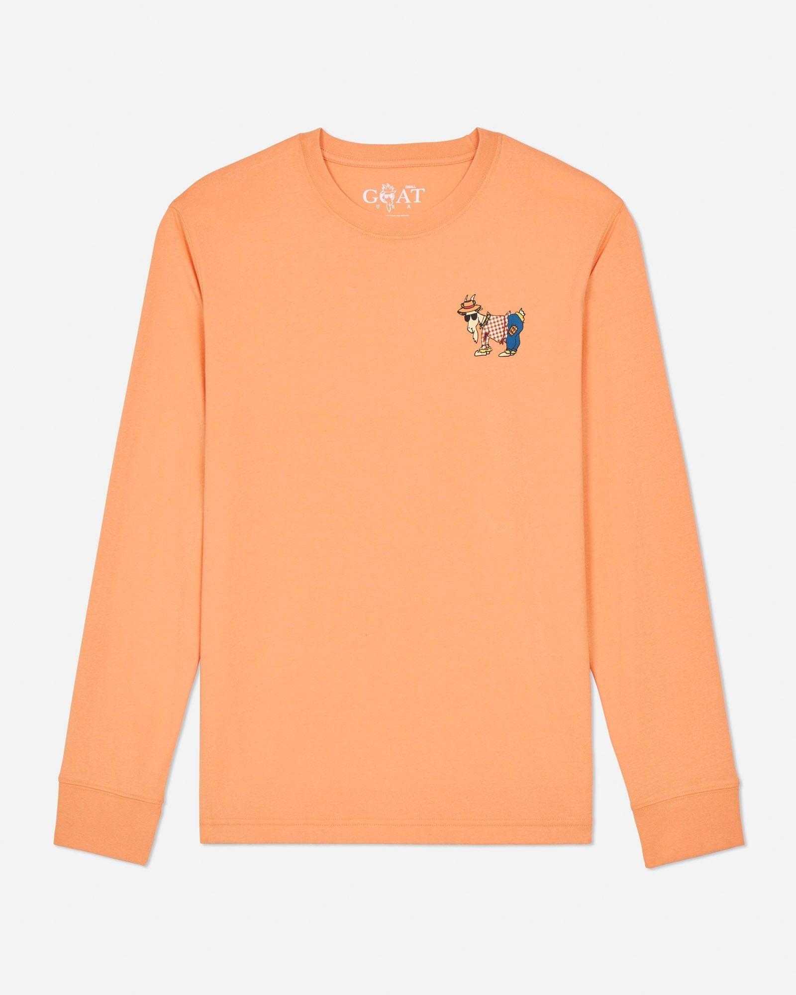 Orange long-sleeve shirt with a small graphic on a light gray background