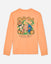 Orange long-sleeve shirt with a graphic of a scarecrow goat and pumpkins and 'Hello Fall' text on a light graybackground.