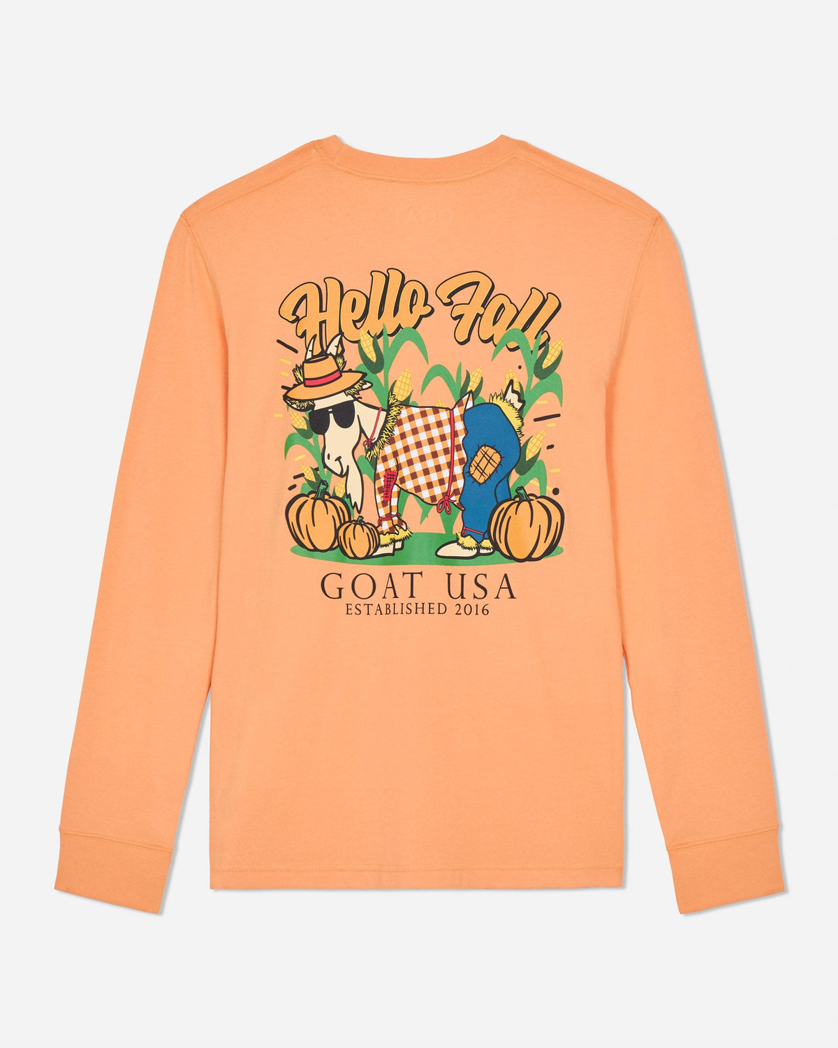 Orange long-sleeve shirt with a graphic of a scarecrow goat and pumpkins and 'Hello Fall' text on a light graybackground.