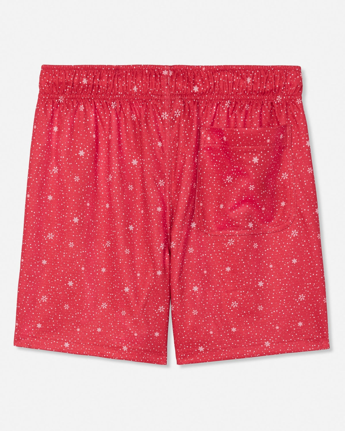 Red boxer briefs with a white snowflake pattern, featuring an elastic waistband and a side pocket, shown flat on a light gray background.