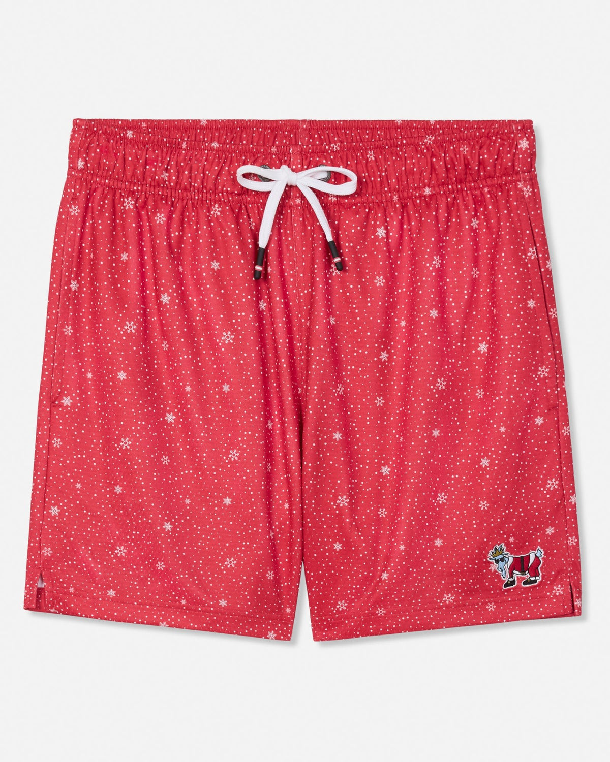 Red swim trunks with a white snowflake pattern, featuring a white drawstring and a small embroidered goat logo on the lower left leg, shown against a plain light gray background.