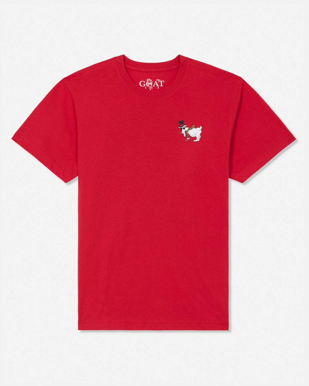 A red short-sleeve crewneck t-shirt with a small embroidered graphic of a white goat wearing a top hat on the left chest, and a 'GOAT' logo printed inside the collar, shown on a light gray background.