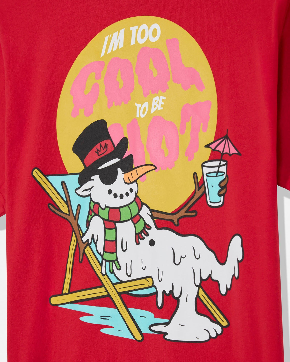 Close-up of red t-shirt with melting snowman graphic with text that reads "I'M TOO COOL TO BE HOT"