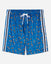 Blue  athletic shorts with an all-over cartoon astronaut pattern, featuring white side stripes and a white drawstring.