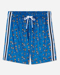 Blue  athletic shorts with an all-over cartoon astronaut pattern, featuring white side stripes and a white drawstring.