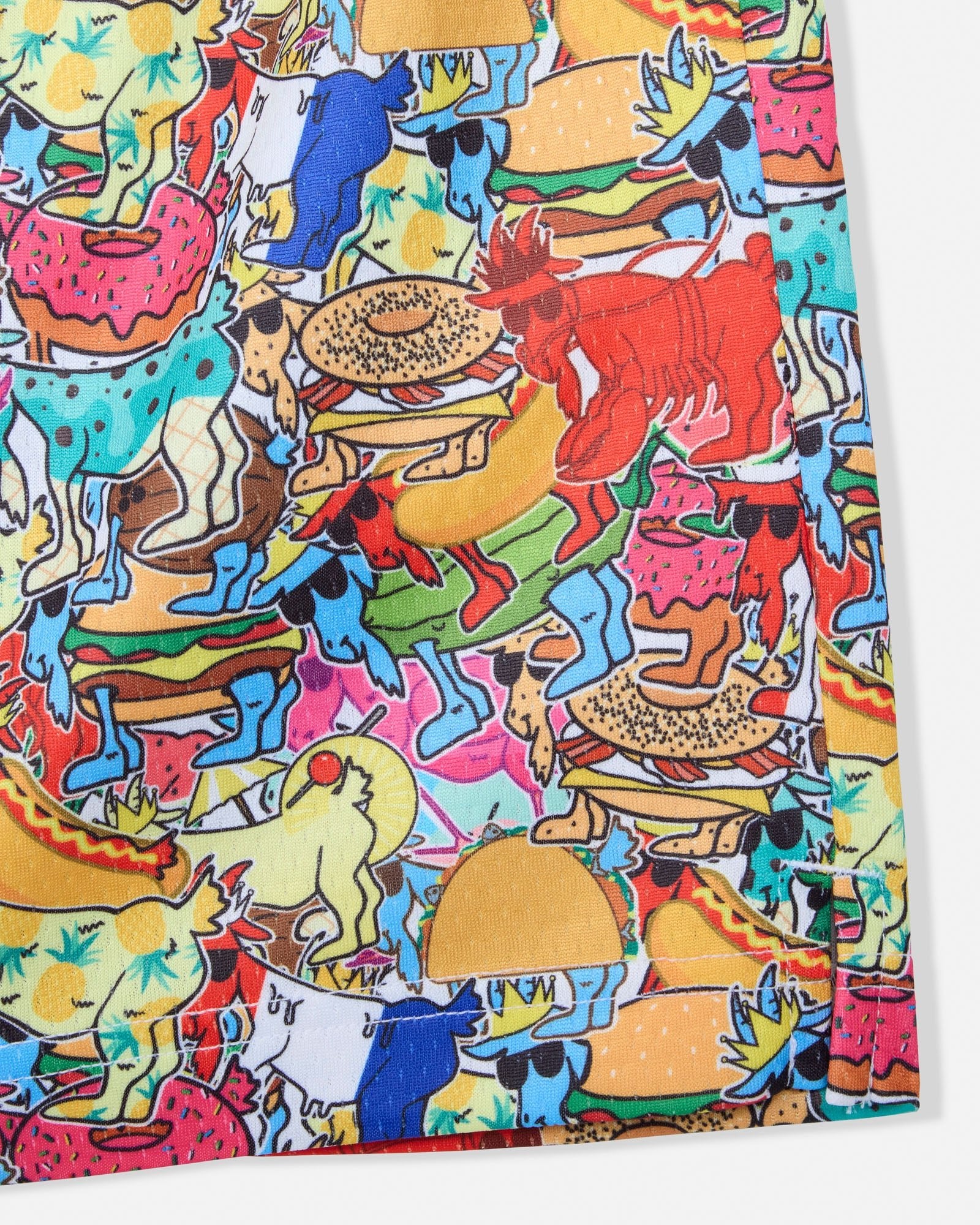 Colorful fabric with a pattern of cartoon-goats on a white background