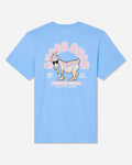 A light blue short-sleeve t-shirt shown from the back, featuring a cartoon goat graphic with pink text reading 'Sugar Rush' and smaller text 'Goat USA' and 'Est. 2016'.