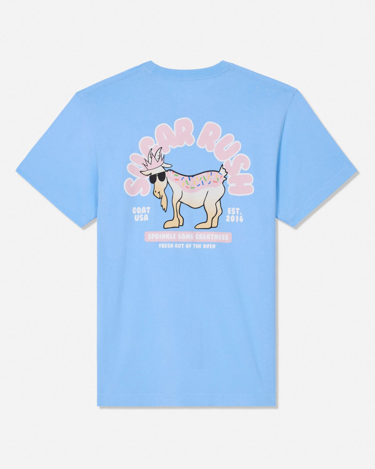 A light blue short-sleeve t-shirt shown from the back, featuring a cartoon goat graphic with pink text reading 'Sugar Rush' and smaller text 'Goat USA' and 'Est. 2016'.