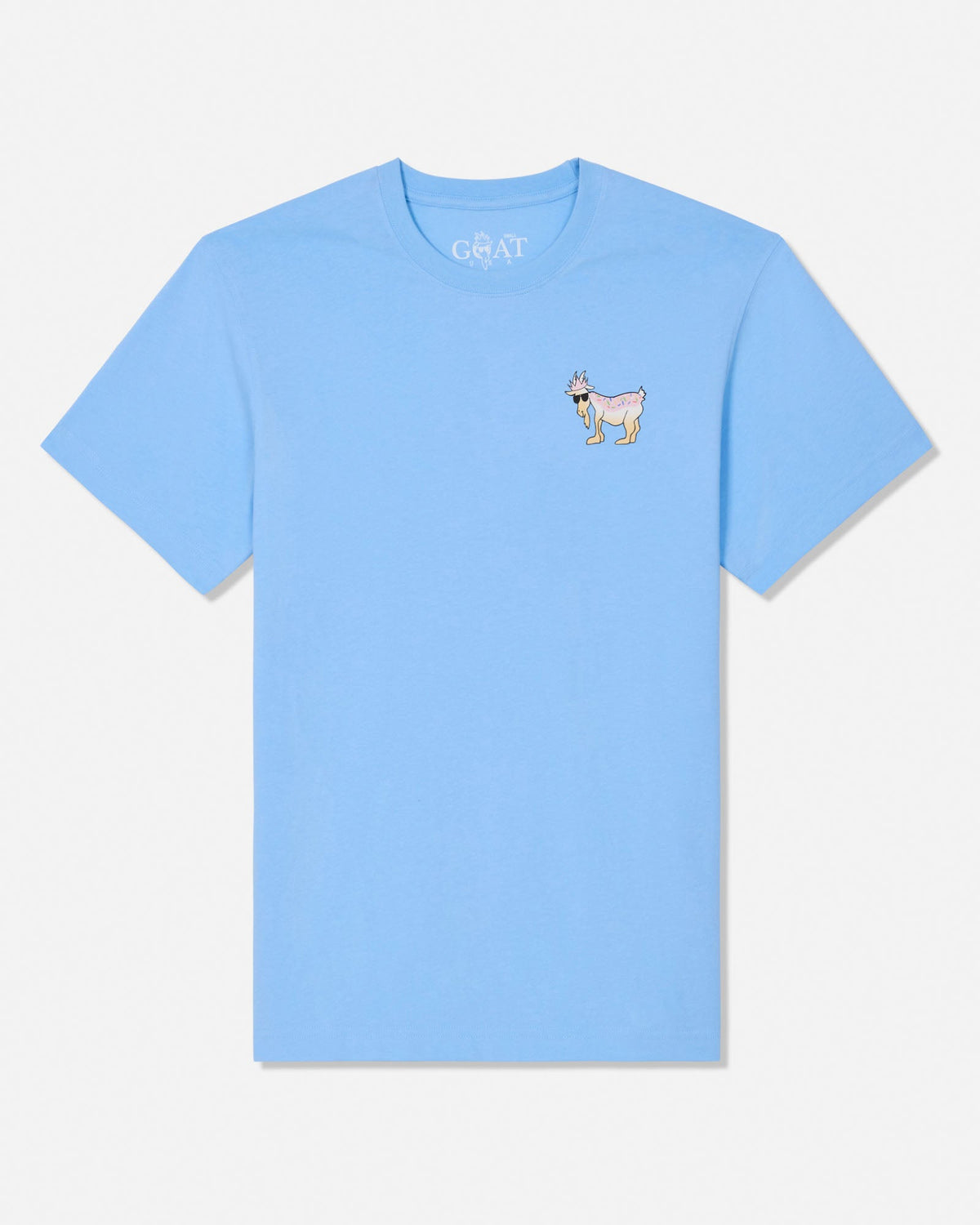 A light blue short-sleeve crewneck t-shirt by GOAT USA, featuring a small embroidered cartoon goat on the left chest, displayed against a clean off-white background.