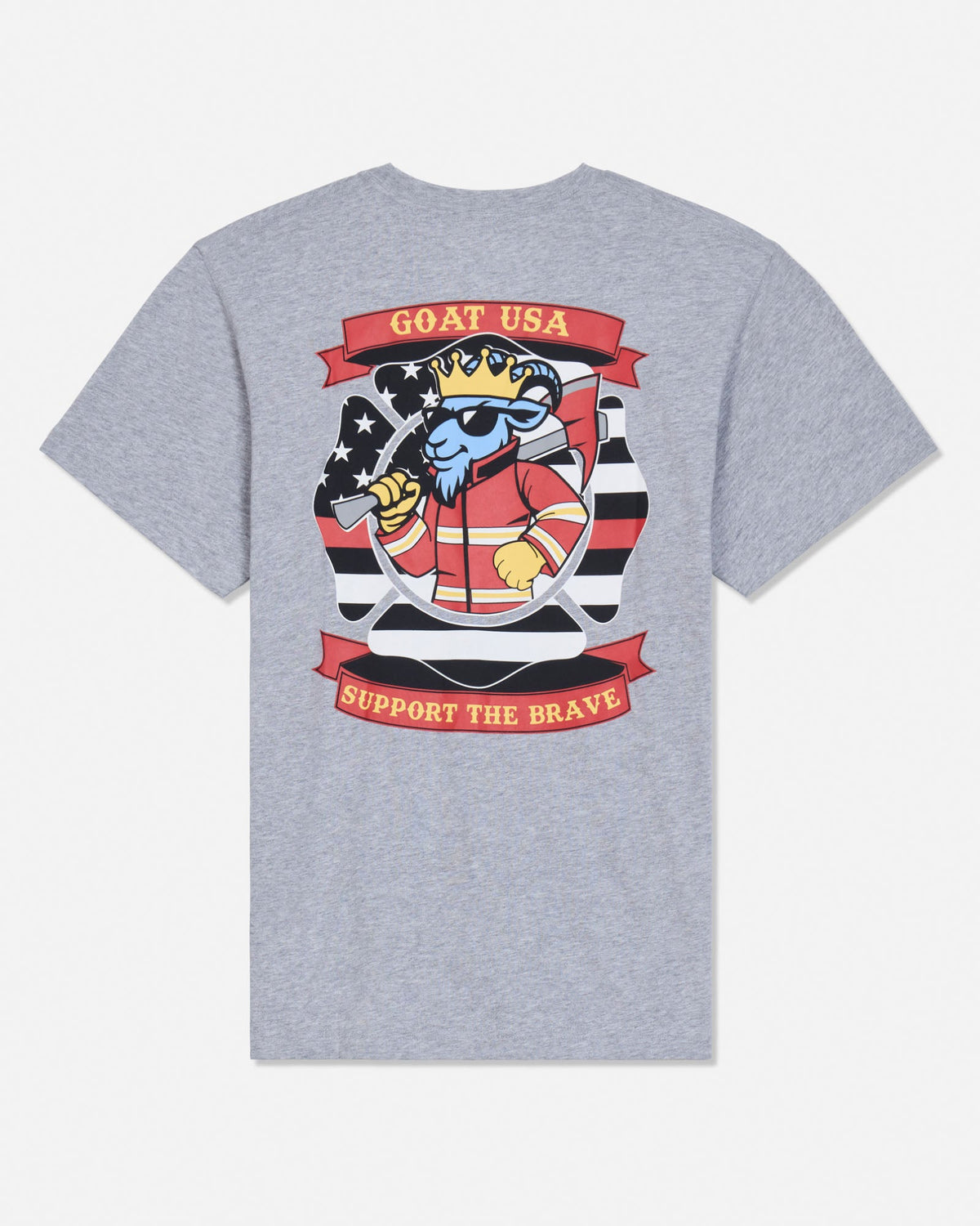 A heather gray short-sleeve t-shirt shown from the back, featuring a large graphic print of a cartoon goat wearing a crown and sunglasses, with red banners reading 'GOAT USA' and 'SUPPORT THE BRAVE'.
