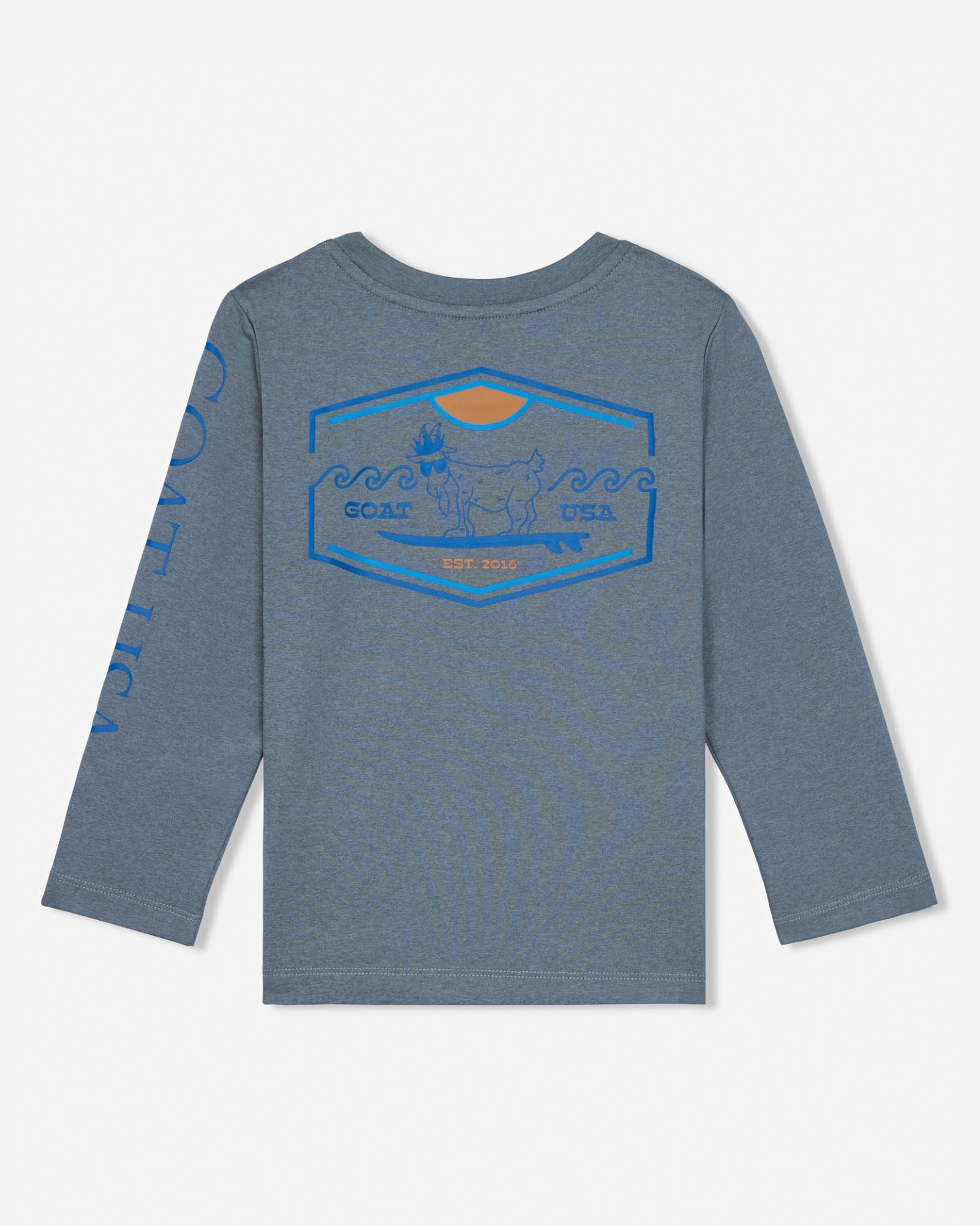 Gray long-sleeve shirt with a graphic design on the back against a white background#color_gray