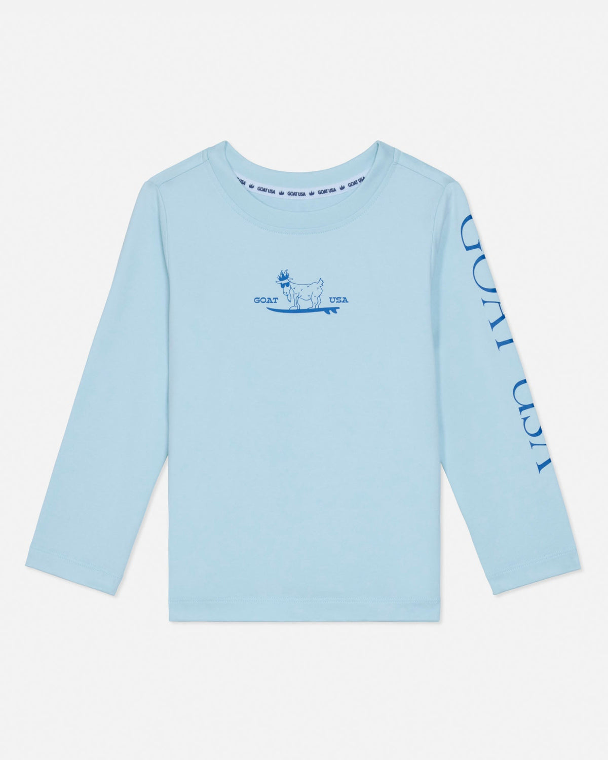 Light blue long-sleeve shirt with graphic design on a white background