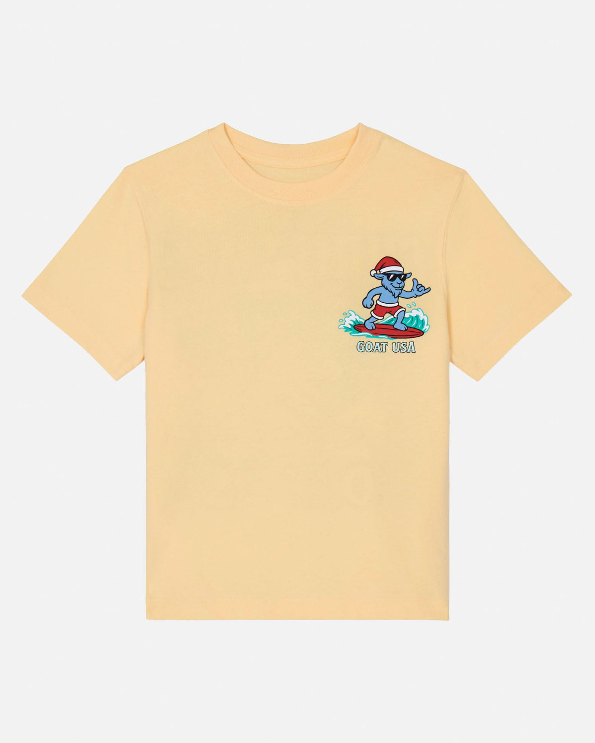A pale yellow short-sleeve t-shirt with a small cartoon graphic of a blue character surfing on the left chest, displayed against a light gray background.