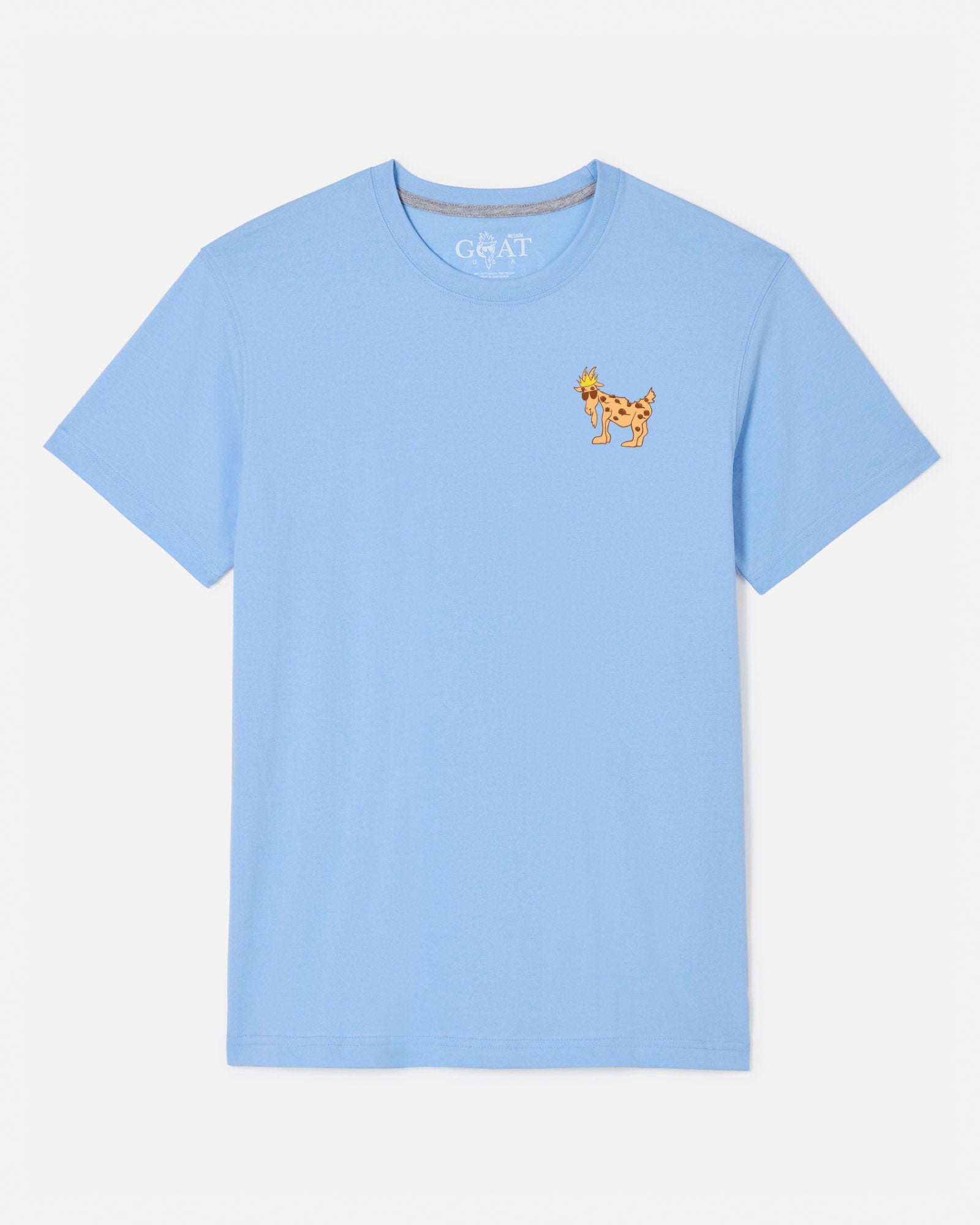 A light blue short-sleeve crewneck t-shirt with a small embroidered brown goat on the left chest, displayed on a clean off-white background.