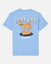 A light blue short-sleeve t-shirt shown from the back, featuring a cartoon graphic of a goat wearing a crown and standing on chocolate chip cookies, with the text 'GOAT USA' and 'Sweet Bites'.