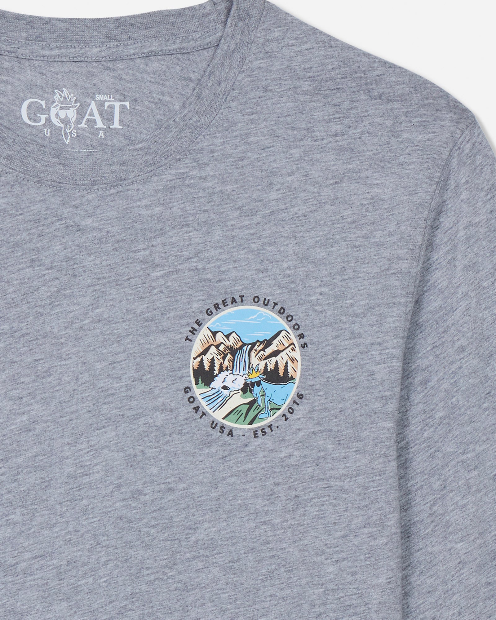 Gray t-shirt with an outdoors design on a light gray background