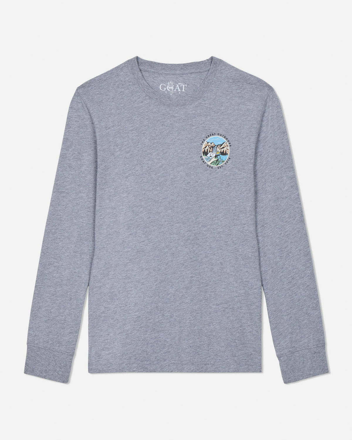 Gray long-sleeve shirt with a circular logo on a light gray background