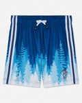 Blue athletic shorts with a light blue and white pine tree gradient print, featuring white side stripes, a white drawstring, and a small cartoon skier graphic near the lower right leg.